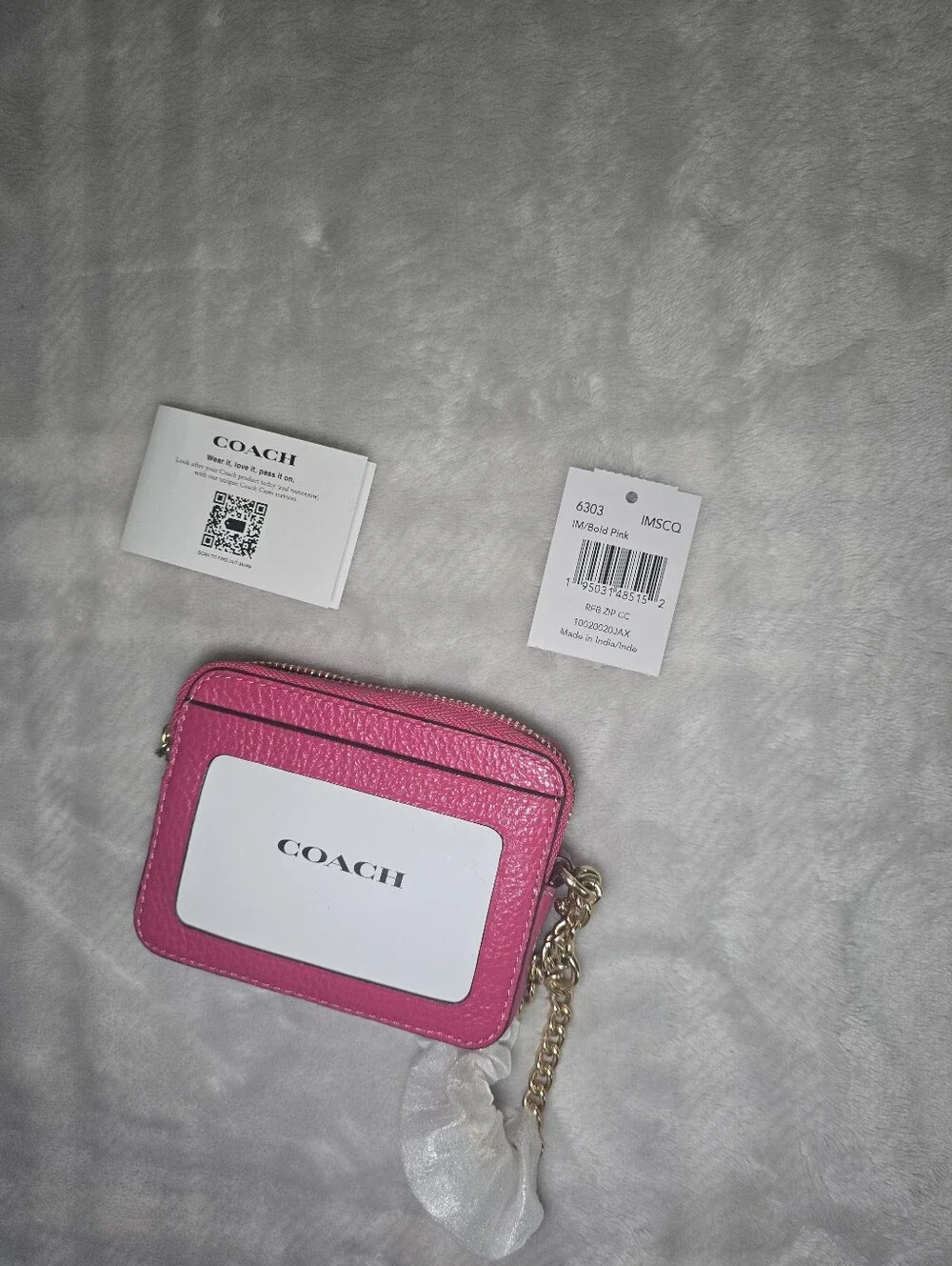 COACH Bold Pink Leather Card Case with Gold Chain